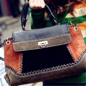 Mixed-Texture Colorblock Crossbody Bag - Black, Brown & Tan